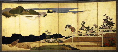A Six-Panel Screen Painted In Ink, Colour And Gofun On Gold Paper With A Cockerel Perched On A Fence od 