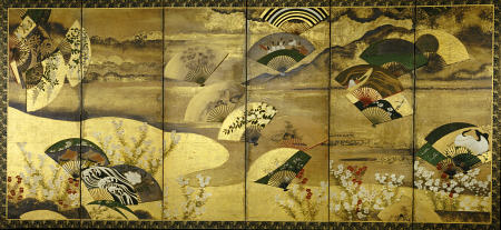 A Six-Panel Screen Painted In Sumi, Colour And Gofun On Paper Sprinkled With Gold And Silver With Sc od 