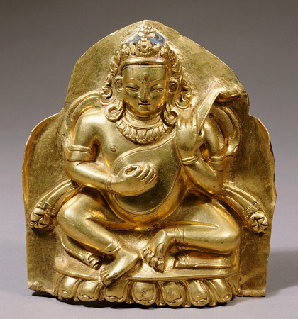 A Tibetan Gilt-Copper Plaque Depicting Dhrtarashtra Seated On A Lotus, Playing A Lute od 