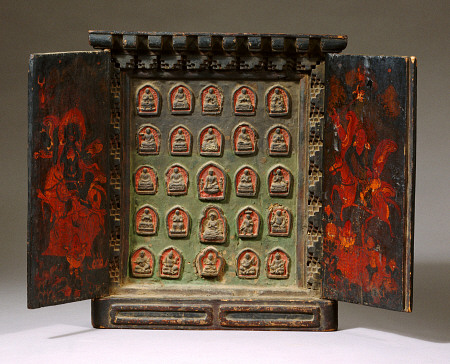 A Tibetan Wooden Altar, With Both Doors Painted With Shri Devi On Her Mule And Another Horse Riding od 