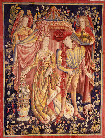 A Tournai Betrothal Tapestry Depicting A Man And Woman In Fine Dress Beneath A Canopy Held Back By T od 