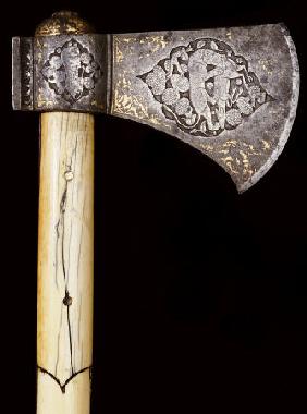 A Fine Persian Engraved And Damascened Steel Axe-Head (Tabarzin) With An Ivory Handle