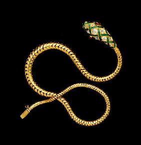 A Fine Victorian Diamond, Gold And Enamel Flexible Serpent Necklace, Circa 1860