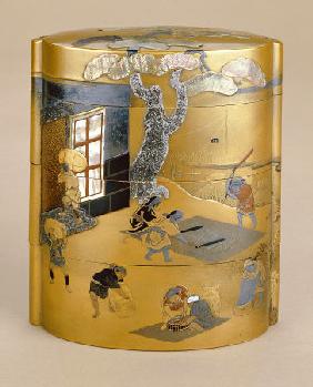 A Large Three Case Inro Inlaid With Mother Of Pearl And Lead Depicting Farmers In Rice Fields And Th