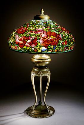 An Important Elaborate ''Peony'' Leaded Glass And Bronze Table Lamp