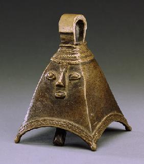 An Owo Brass Bell Of Pyramidal Form With A Human Face In Relief