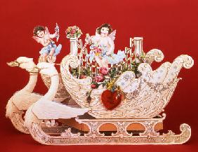 A Three Dimensional German Valentines Card  Depicting A Swan Sleigh With Two Winged Cupids With Rose