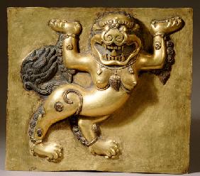 A Tibetan Gilt-Copper Panel Cast In Deep Relief With A Lion, Standing On Both Hind Legs, 18th Centur