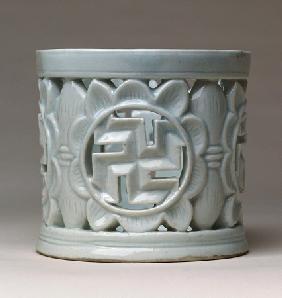 A White Glazed Reticulated Brush Pot