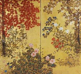 A Two Leaf Japanese Screen On Gold Paper With Maple Branches, Camellias, Hydrangeas, Cherry Flowers,