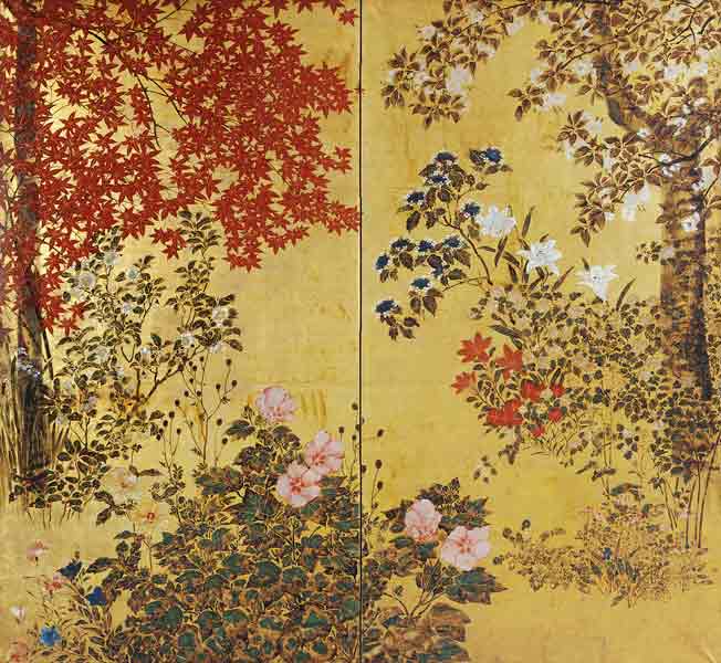 A Two Leaf Japanese Screen On Gold Paper With Maple Branches, Camellias, Hydrangeas, Cherry Flowers, od 