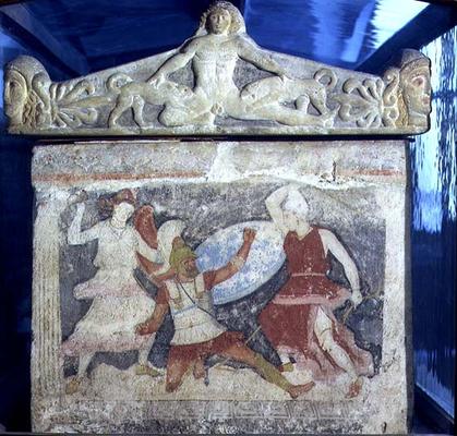 A Greek fighting two Amazons from the end of the sarcophagus of the Amazons, with Acteon torn apart od 