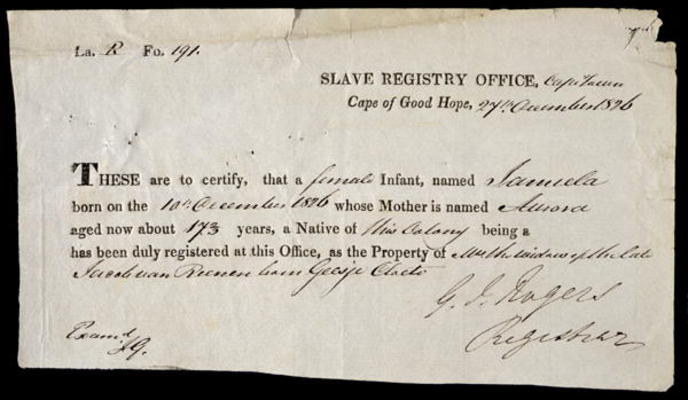 A Slave Registration Certificate, Cape Town, 27 December 1826 (pen and ink on paper) od 