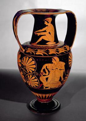 Attic red-figure amphora depicting a satyr struggling with a maenad, with a seated woman tying her s