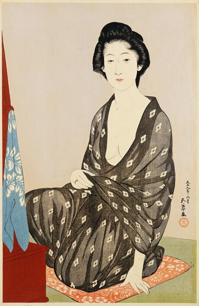 A Beauty In A Black Kimono With White Hanabishi Patterns Seated Before A Mirror od 