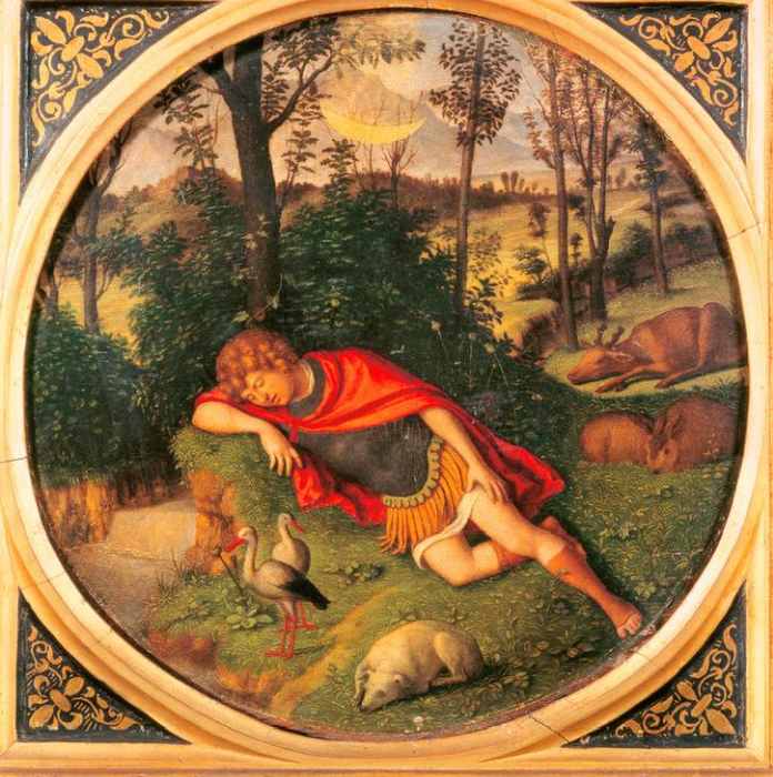 Circle young man sleeping mantle cloak red curls dog rabbits storks ox bushes trees trunks wood stre od 