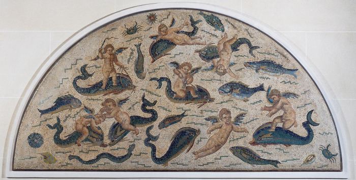 Cupids playing with dolphins, mosaic decoration of a fountain from Utica od 