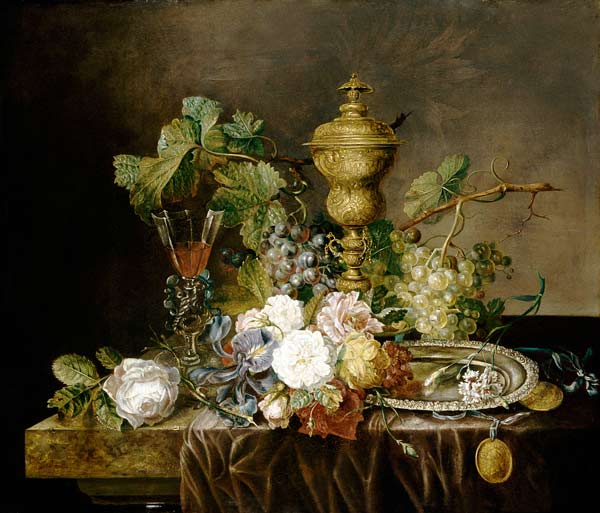 A Still Life With Roses, Carnations, An Iris, Grapes, A Silver Plate, Two Medallions, A ''Facon De V od 