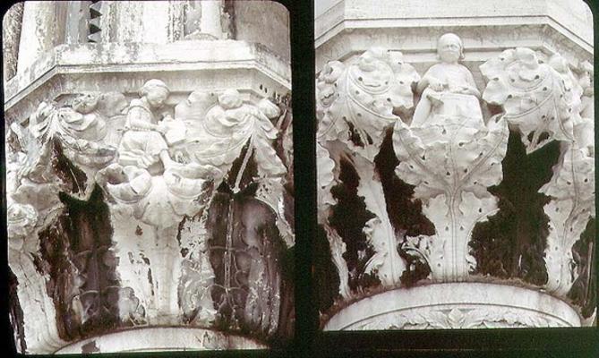 Capitals decorated with reliefs portraying craftsmen at their trades (LtoR) the stone-cutter and the od 