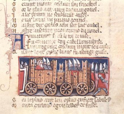 Charlemagne and soldiers in a wooden carriage, 14th century od 
