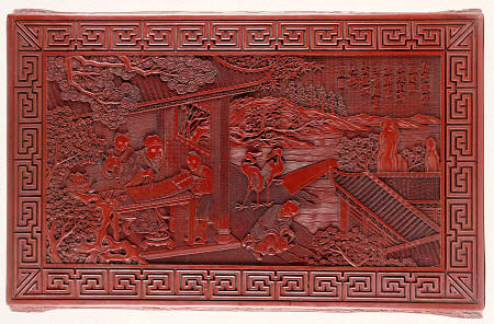 Detail From A Red Lacquer Rectangular Low Table Top, Depicting A Scholar In A Pavilion With Three At od 