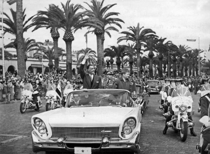 Egyptian President Gamal Abdel Nasser with King Mohamed V of Morocco and his son Moulay Hassan in Ca od 