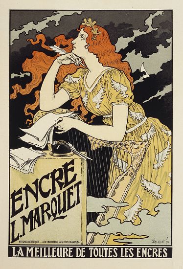 Encre L. Marquet, La Meilleure de Toutes les Encres. Advertisement for Marquet ink, illustration by  od 