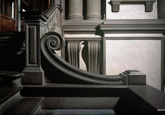 Entrance Hall, detail of staircase designed by Michelangelo Buonarroti (1475-1564) in 1524-34 and co od 