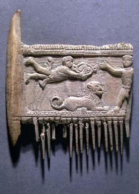 Fragment of a hair comb seen from the back with a relief depicting a religious scene, Greek (ivory)