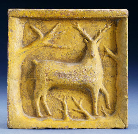 Glazed Earthenware Brick, With A Molded Decoration In The Form Of A Deer And Branches od 