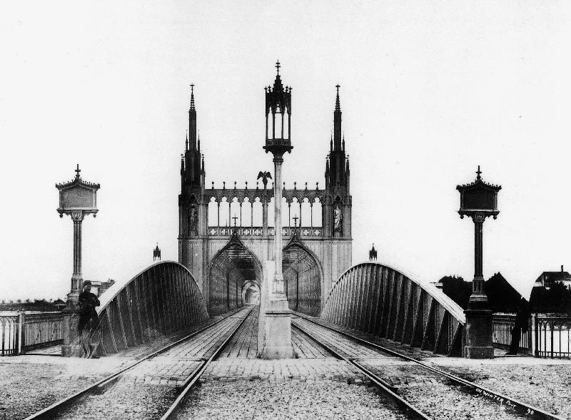 Gothic bridge and railway railroad over the Rhine in Strasbourg Alsace east of France od 