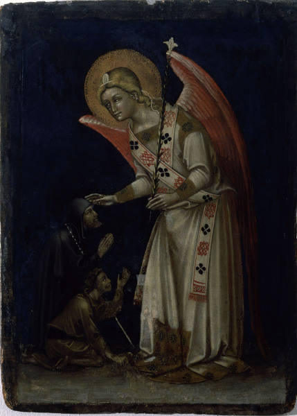 Guariento peintre italien, connu des 1338, mort vers 1368/70. ''L''ange, portant un lis, aide un men od 