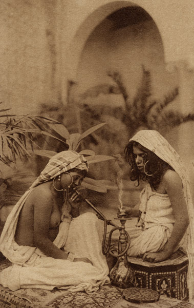 Harem girls smoking a hookah, from an early 20th century postcard (sepia photo)  od 