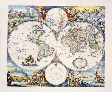 Hand-Coloured Engraved And Etched Wall-Map Of The World On 4 Sheets Cornelis III Danckerts (1664-171 od 