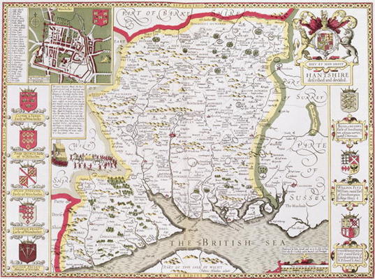Hantshire, engraved by Jodocus Hondius (1563-1612) from John Speed's 'Theatre of the Empire of Great od 