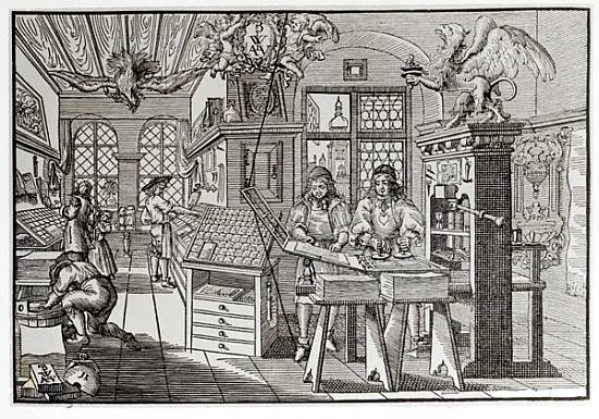 Interior of a printing works in Nuremberg, 17th century (b/w print) od 