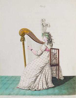 Lady playing the harp in evening dress from Nikolaus Heideloff's Gallery of Fashion, Vol II, April 1 od 