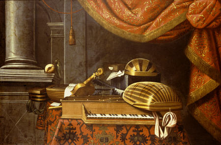 Lutes With A Clavichord On A Table, A Red Curtain Above od 