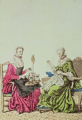 Ladies spinning and sewing, c.1765