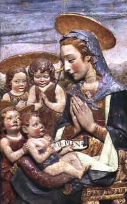 Madonna and Child with three cherubs, bas relief by Antonio Rossellino (1427-79) (tin glazed earthen od 