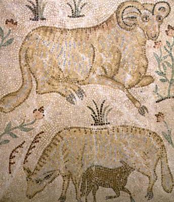 Mosaic plaque depicting a ram and a ewe suckling a lamb, possibly Greek od 