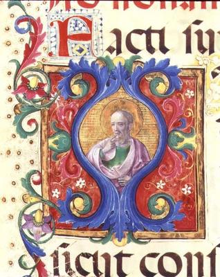Ms 542 f.18v Historiated initial 'I' depicting a male saint from a psalter written by Don Appiano fr od 
