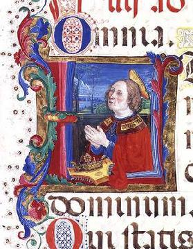 Ms 542 f.60r Historiated initial 'U' depicting King David praying from a psalter written by Don Appi
