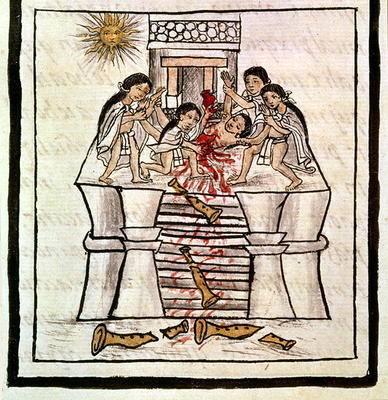 Ms Laur. Med. Palat. 218 f.84v Human sacrifice at the temple of Tezcatlipoca from a history of the A od 