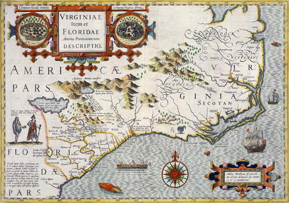 North Carolina, titled 'Virginiae item et Floridae' from the Mercator 'Atlas...' of 1606, pub. by Jo od 