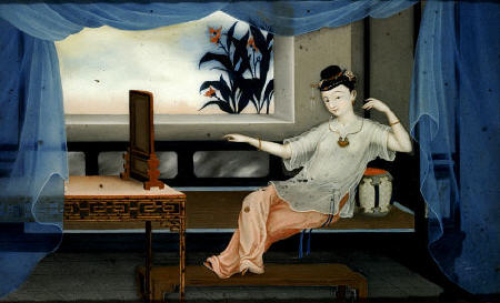 One Of A Pair Of Chinese Export Reverse Paintings On Glass Depicting A Lady Reclining On A Day Bed, od 