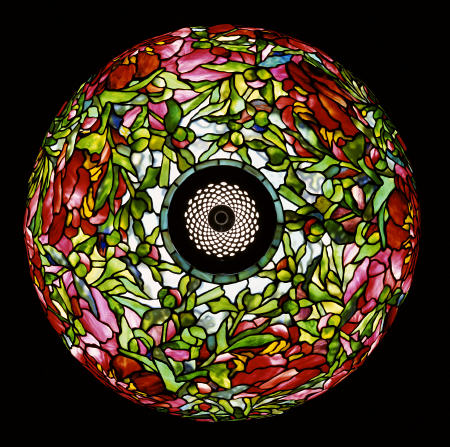 Overhead Detail From An Important Elaborate ''Peony'' Leaded Glass And Bronze Table Lamp od 
