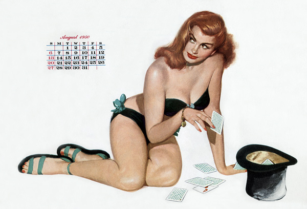 Pin up taking cards in a top hat, from Esquire Girl calendar od 