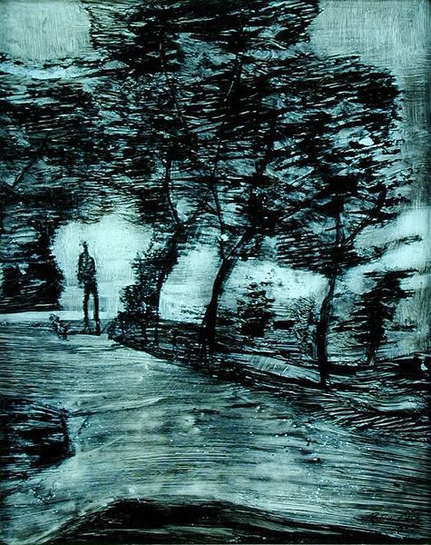 Park path, with tall man and dog, 1907 (no 21) (reverse glass painting)  od 