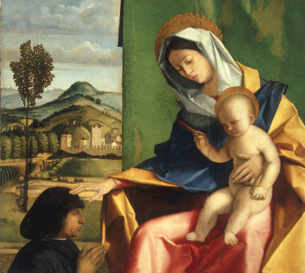 Pennacchi, Pier Maria 1464 - 1514/15. ''Mary with the Child and a donor''. Oil on wood. Venice, Ca'' od 